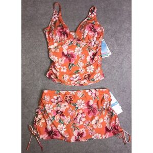 NEW Simply Fit Womens XL Slimming 2 Piece Tankini & Skirt Set Orange Tropical